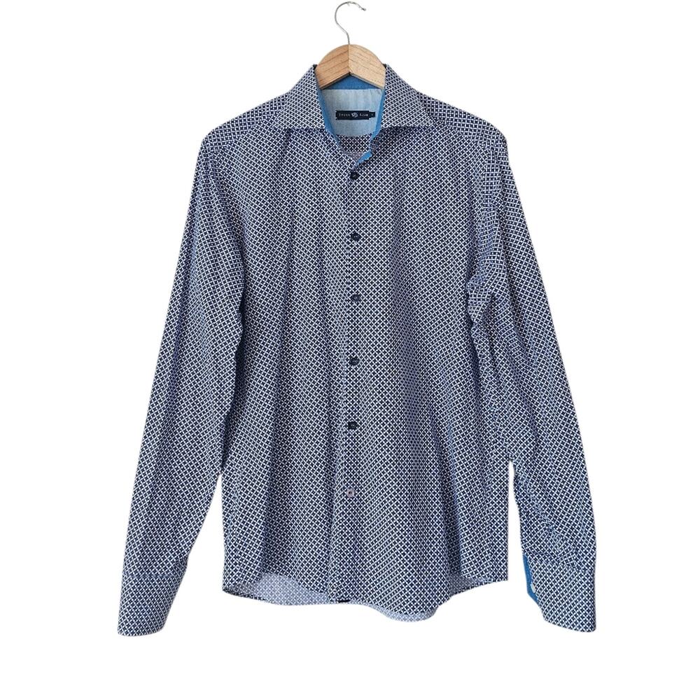 Stone Rose Men's Long Sleeve Button Down Dress Shirt Blue Geometric Print Size L